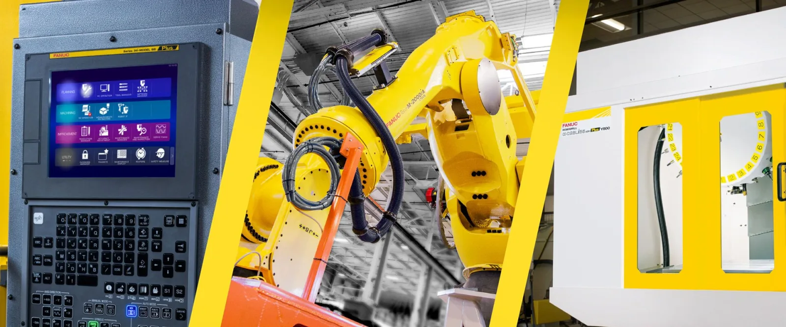 A yellow FANUC industrial robot alongside its factory automation controls
