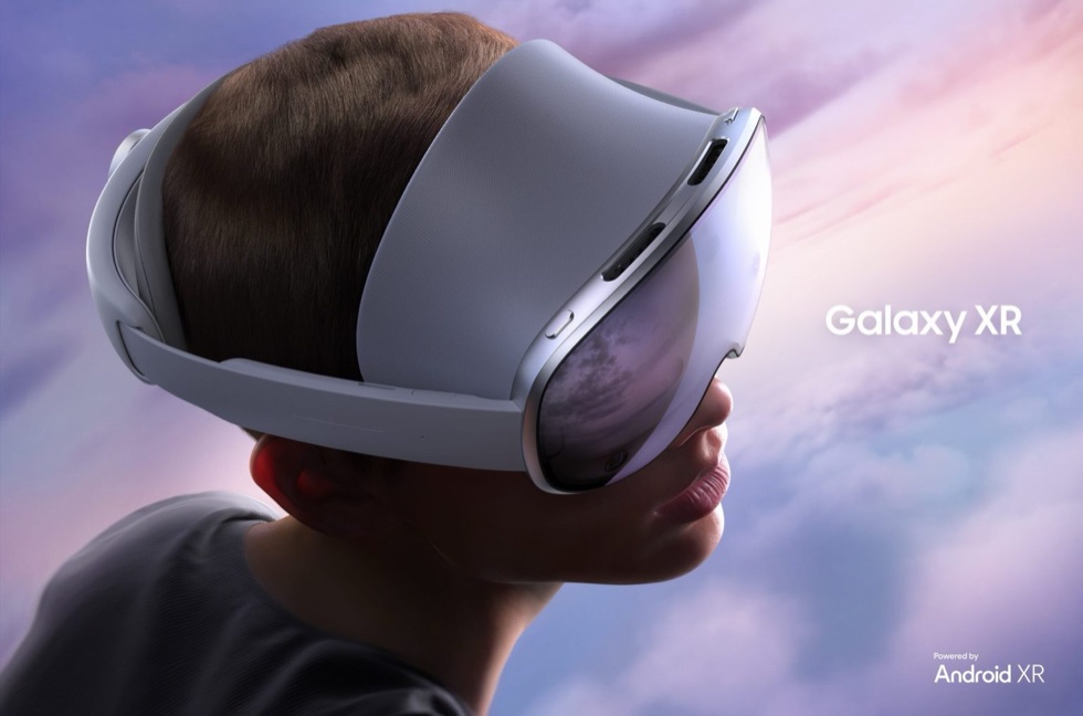 Person wearing the Samsung Galaxy XR headset against a pastel sky