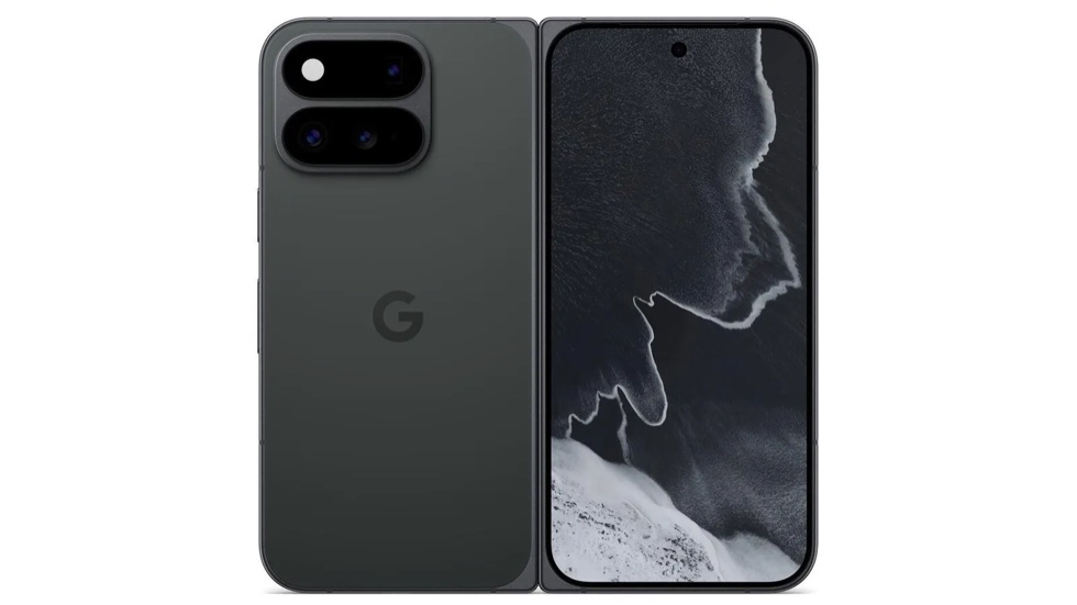 Google Pixel 11 Pro Fold in Obsidian, rear camera bar and open inner display