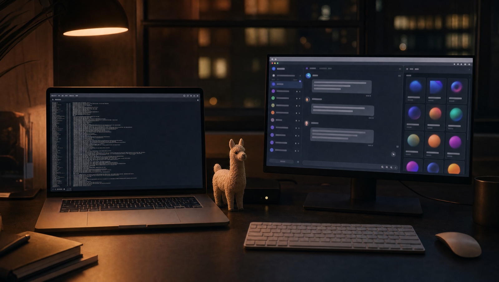 A laptop showing a terminal window next to a monitor showing a graphical chat app, with a small llama figurine between them